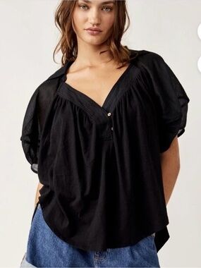 Free People We The Free People Black Cotton Sunray Babydoll Top Oversize XS